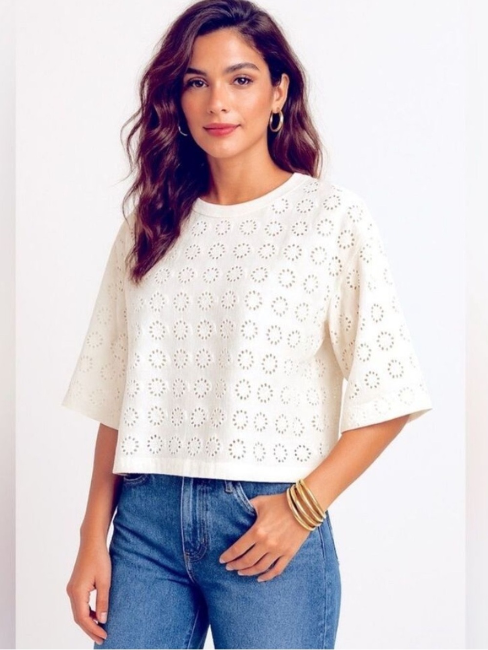 Madewell NWT Embroidered Wide-Sleeve Boxy Tee Size Large in White